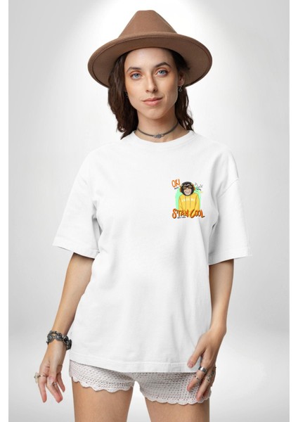 Stay Cool Eğlenceli Maymun Grafik Beyaz Oversize Kadın Erkek Ön Minimal Baskılı Tişört