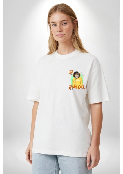 Stay Cool Eğlenceli Maymun Grafik Beyaz Oversize Kadın Erkek Ön Minimal Baskılı Tişört modelleri