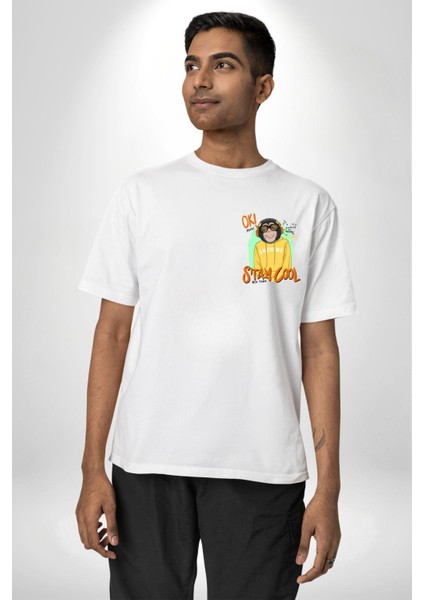Stay Cool Eğlenceli Maymun Grafik Beyaz Oversize Kadın Erkek Ön Minimal Baskılı Tişört fırsatları