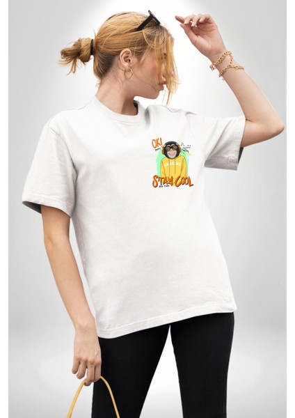 Stay Cool Eğlenceli Maymun Grafik Beyaz Oversize Kadın Erkek Ön Minimal Baskılı Tişört indirimleri
