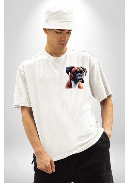 Enerjik Boxer Köpek Tasarımı Beyaz Oversize Kadın Erkek Ön Minimal Baskılı Tişört modelleri