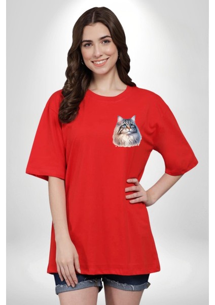 Norveç Orman Kedi Sever Kırmızı Oversize Kadın Erkek Ön Minimal Baskılı Tişört fiyatları