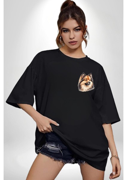 Zeki Finnish Spitz Köpek Siyah Oversize Kadın Erkek Ön Minimal Baskılı Tişört modelleri