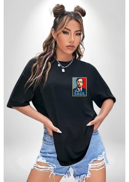 Better Call Saul Dizi Temalı Karakter Siyah Oversize Kadın Erkek Ön Minimal Baskılı Tişört fiyatları