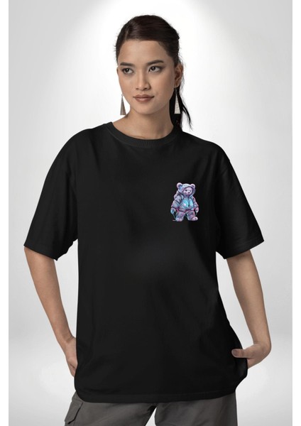 Digital Dreamer Teddy Bear Futuristic Siyah Oversize Kadın Erkek Ön Minimal Baskılı Tişört fiyatları