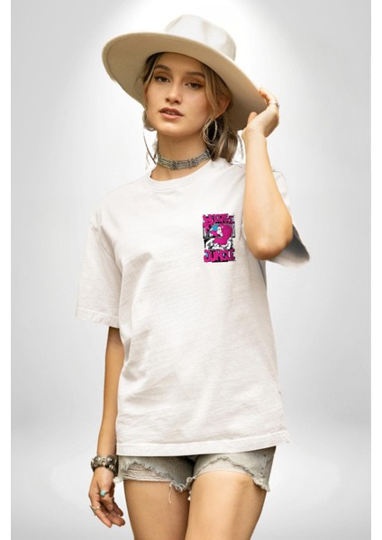Korkma, Gel! Vahşi Dünyaya Adım At! Beyaz Oversize Kadın Erkek Ön Minimal Baskılı Tişört