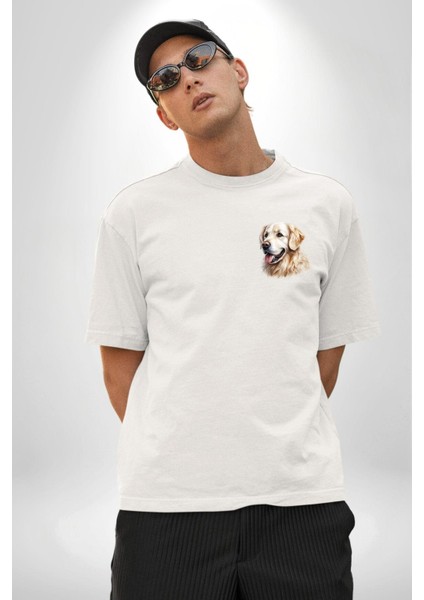 Sevimli Golden Retriever Köpek Dostu Beyaz Oversize Kadın Erkek Ön Minimal Baskılı Tişört