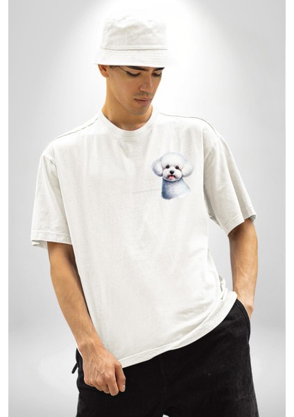 Bichon Frise Beyaz Tatlı Küçük Irk Köpek Beyaz Oversize Kadın Erkek Ön Minimal Baskılı Tişört