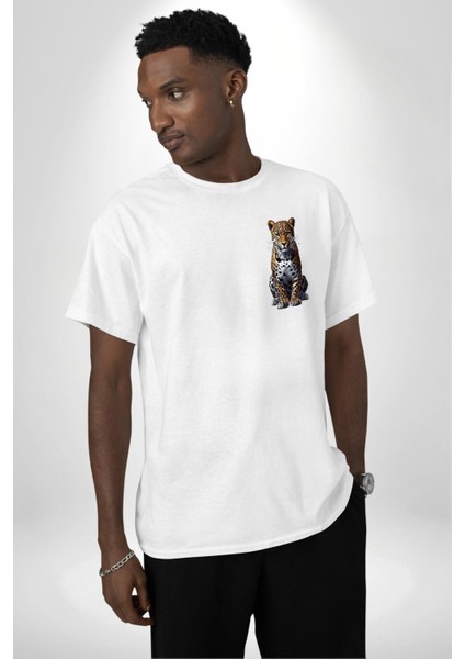 Leopar Desenli Vahşi Hayvan Beyaz Oversize Kadın Erkek Ön Minimal Baskılı Tişört modelleri