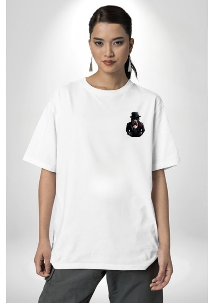 Baba Ayı Mafia Tarzı Teddy Beyaz Oversize Kadın Erkek Ön Minimal Baskılı Tişört