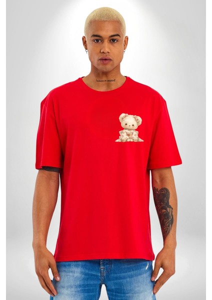 Çiçek Desenli Kawaii Ayıcık Kırmızı Oversize Kadın Erkek Ön Minimal Baskılı Tişört