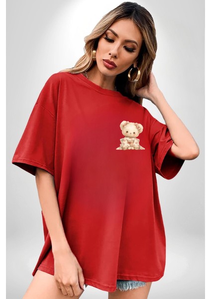 Çiçek Desenli Kawaii Ayıcık Kırmızı Oversize Kadın Erkek Ön Minimal Baskılı Tişört fiyatları