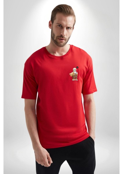Kendin Ol Baskılı Kurukafa Ayı Teddy Kırmızı Oversize Kadın Erkek Ön Minimal Baskılı Tişört fırsatları