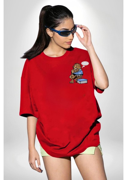 Spor Ayakkabı Aşkı Gollum Tarzı Kırmızı Oversize Kadın Erkek Ön Minimal Baskılı Tişört