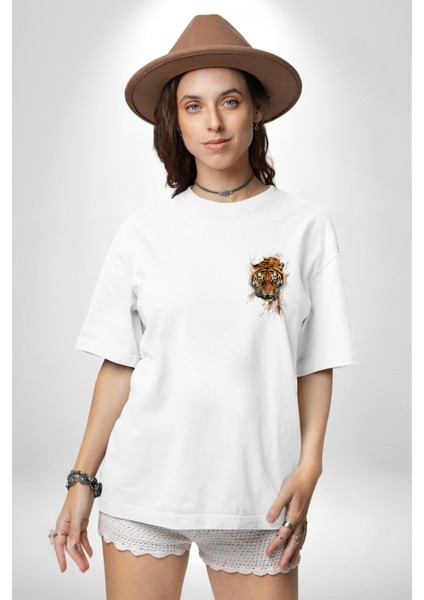 Kaplanın Öfkesi Kaplan Kafası Beyaz Oversize Kadın Erkek Ön Minimal Baskılı Tişört modelleri