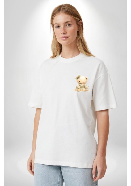 Pastel Tonlarda Kimonolu Sevimli Ayıcık Teddy Beyaz Oversize Kadın Erkek Ön Minimal Baskılı Tişört modelleri