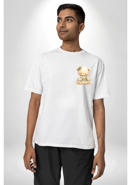 Pastel Tonlarda Kimonolu Sevimli Ayıcık Teddy Beyaz Oversize Kadın Erkek Ön Minimal Baskılı Tişört fırsatları