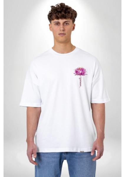 Mor Lotus Çiçeği ve Namaste Yazılı Yoga Beyaz Oversize Kadın Erkek Ön Minimal Baskılı Tişört fiyatları