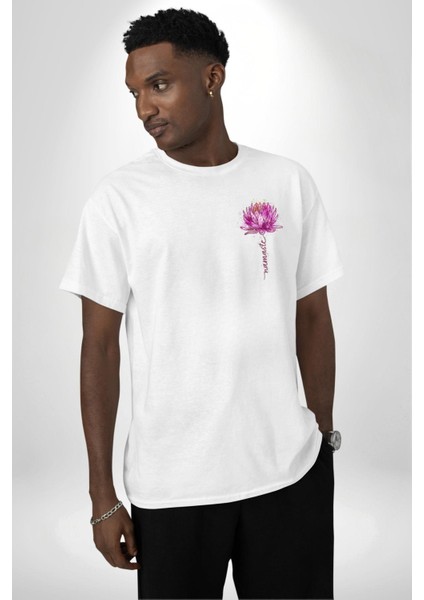 Mor Lotus Çiçeği ve Namaste Yazılı Yoga Beyaz Oversize Kadın Erkek Ön Minimal Baskılı Tişört modelleri