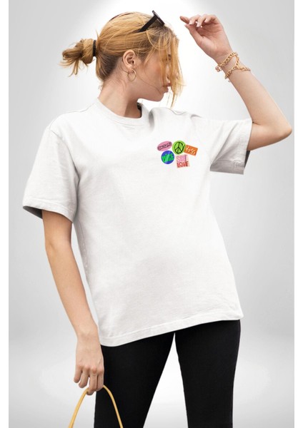 Barış Pozitif Enerji Stickerları Beyaz Oversize Kadın Erkek Ön Minimal Baskılı Tişört