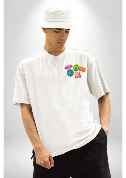 Barış Pozitif Enerji Stickerları Beyaz Oversize Kadın Erkek Ön Minimal Baskılı Tişört modelleri