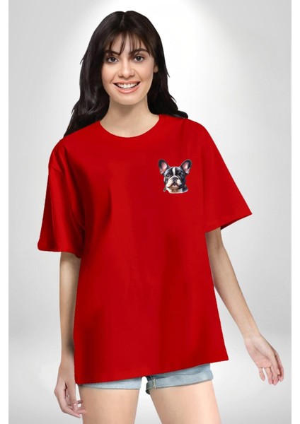 Evcil Dost Fransız Bulldog Köpek Dostu Kırmızı Oversize Kadın Erkek Ön Minimal Baskılı Tişört