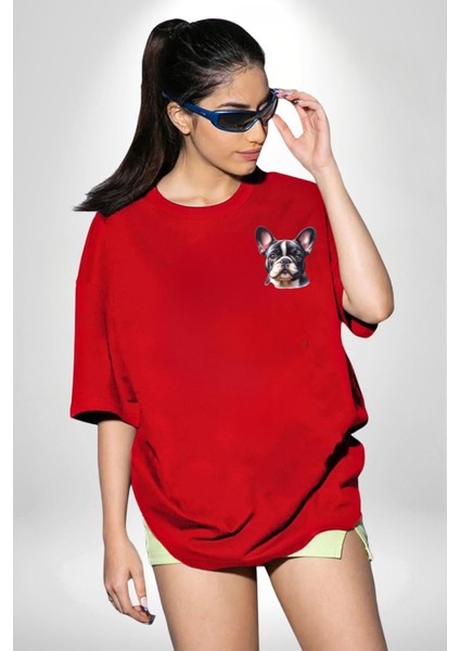 Evcil Dost Fransız Bulldog Köpek Dostu Kırmızı Oversize Kadın Erkek Ön Minimal Baskılı Tişört indirimleri