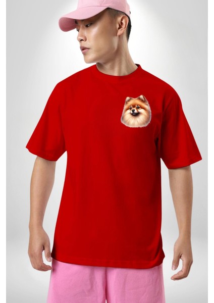 Pomeranian Sevimli Tatlı Popüler Köpek Tasarımı Kırmızı Oversize Kadın Erkek Ön Minimal Baskılı Tişört modelleri