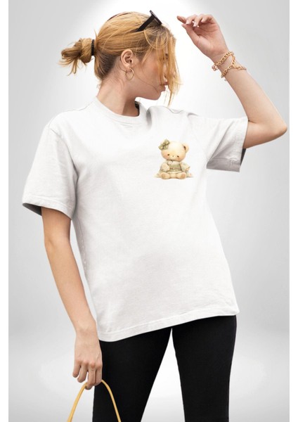 Pastel Tonlarda Kimonolu Sevimli Ayıcık Teddy Beyaz Oversize Kadın Erkek Ön Minimal Baskılı Tişört indirimleri
