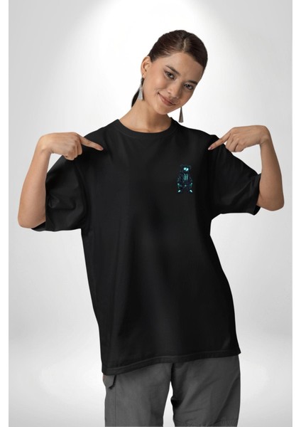 Mavi Neon Işık Detaylı Sokak Modası Ayıcık Siyah Oversize Kadın Erkek Ön Minimal Baskılı Tişört fırsatları