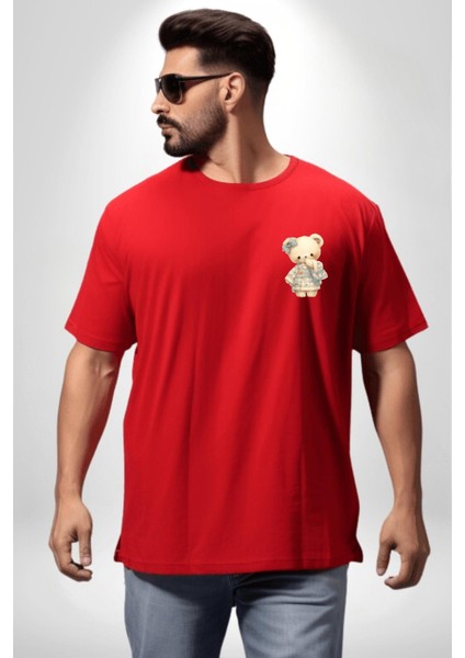 Mavi Kare Desenli Ayıcık Kawaii Stil Kırmızı Oversize Kadın Erkek Ön Minimal Baskılı Tişört fırsatları