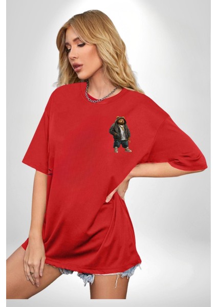 Urban Stil Hip Hop Ayıcık Rapçi Teddy Kırmızı Oversize Kadın Erkek Ön Minimal Baskılı Tişört