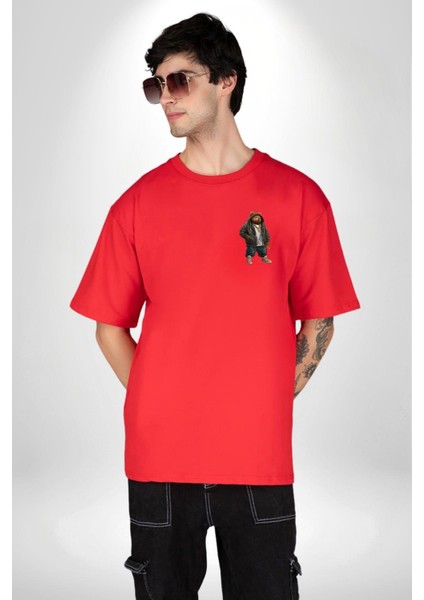 Urban Stil Hip Hop Ayıcık Rapçi Teddy Kırmızı Oversize Kadın Erkek Ön Minimal Baskılı Tişört