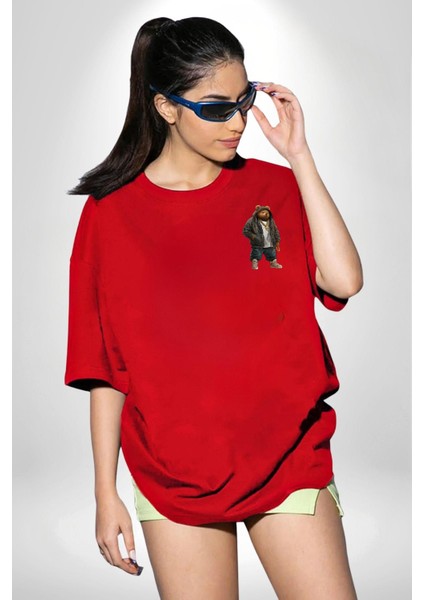 Urban Stil Hip Hop Ayıcık Rapçi Teddy Kırmızı Oversize Kadın Erkek Ön Minimal Baskılı Tişört
