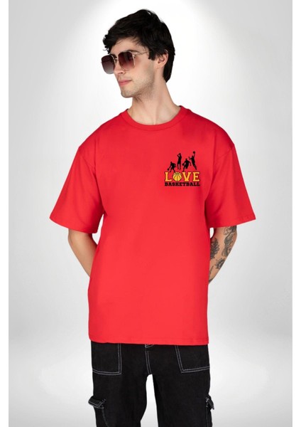 Basketbol Topu ile Sokak Basketi Aşkı Kırmızı Oversize Kadın Erkek Ön Minimal Baskılı Tişört modelleri
