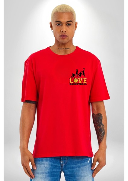 Basketbol Topu ile Sokak Basketi Aşkı Kırmızı Oversize Kadın Erkek Ön Minimal Baskılı Tişört indirimleri