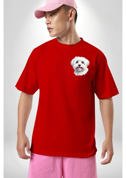 Sevimli Maltese Köpek Tasarımı Kırmızı Oversize Kadın Erkek Ön Minimal Baskılı Tişört fiyatları