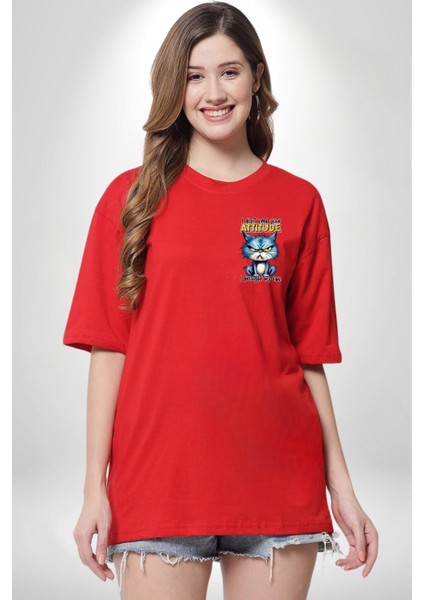 Kendi Tavrını Getiren Kedi Komik Kedi Kırmızı Oversize Kadın Erkek Ön Minimal Baskılı Tişört