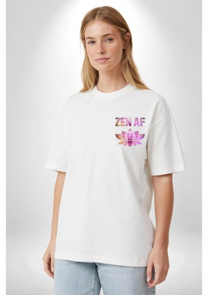 Zen Af Ruhunuza Huzur Katan Tasarım Yoga Beyaz Oversize Kadın Erkek Ön Minimal Baskılı Tişört