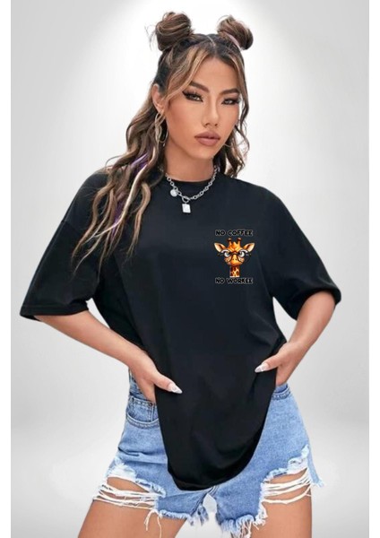 Kahvesiz Çalışmam Zürafa Komik Tasarım Siyah Oversize Kadın Erkek Ön Minimal Baskılı Tişört modelleri