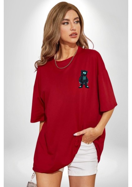 Mavi Neon Işık Detaylı Sokak Modası Ayıcık Kırmızı Oversize Kadın Erkek Ön Minimal Baskılı Tişört modelleri