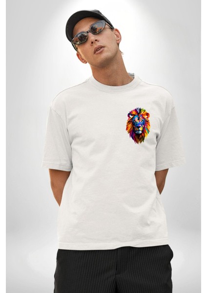 Pop Art Aslan Cesaret Temalı Beyaz Oversize Kadın Erkek Ön Minimal Baskılı Tişört fiyatları