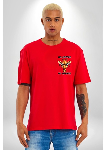 Kahvesiz Çalışmam Zürafa Komik Tasarım Kırmızı Oversize Kadın Erkek Ön Minimal Baskılı Tişört