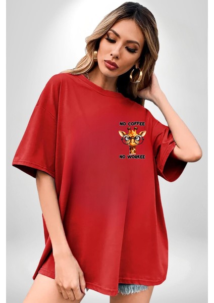 Kahvesiz Çalışmam Zürafa Komik Tasarım Kırmızı Oversize Kadın Erkek Ön Minimal Baskılı Tişört fiyatları