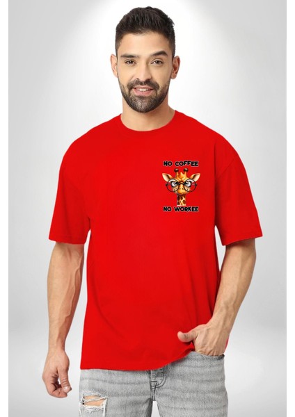 Kahvesiz Çalışmam Zürafa Komik Tasarım Kırmızı Oversize Kadın Erkek Ön Minimal Baskılı Tişört modelleri
