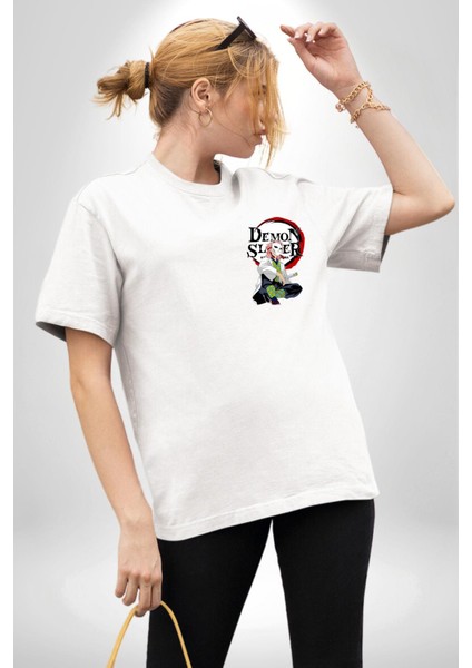 Demon Slayer Kanao Maskeli Beyaz Oversize Kadın Erkek Ön Minimal Baskılı Tişört fırsatları