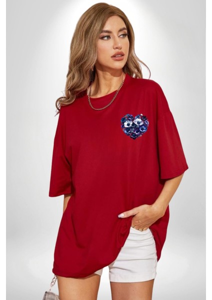 Anemon Çiçek Mavi ve Mor Kalp Çiçek Desenli Kırmızı Oversize Kadın Erkek Ön Minimal Baskılı Tişört modelleri