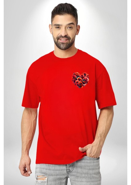 Gelincik Sevgiyle Büyüyen Çiçekler Kalbinde Aşk Kırmızı Oversize Kadın Erkek Ön Minimal Baskılı Tişört fiyatları