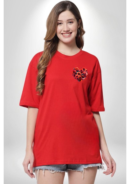 Gelincik Sevgiyle Büyüyen Çiçekler Kalbinde Aşk Kırmızı Oversize Kadın Erkek Ön Minimal Baskılı Tişört modelleri