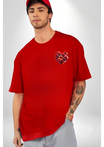 Gelincik Sevgiyle Büyüyen Çiçekler Kalbinde Aşk Kırmızı Oversize Kadın Erkek Ön Minimal Baskılı Tişört indirimleri